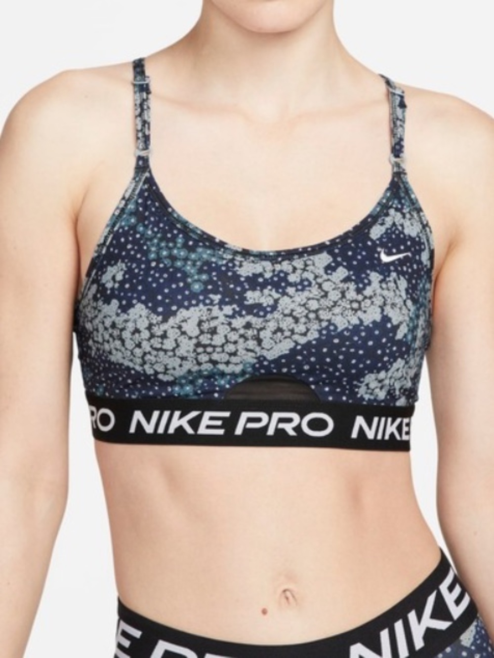 Nike Printed Dri-FIT Pro Sports Bra in Navy and Light Blue